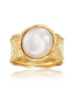 11.5-12mm Cultured Button Pearl Ring in 18kt Yellow Gold Over Sterling