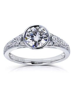 Round Moissanite Bezel Vintage Style Engagement Ring 1 CTW in 14k White Gold
