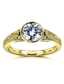 Round Moissanite Bezel Vintage Style Engagement Ring 1 CTW in 14k White Gold