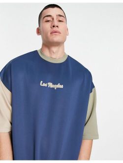 oversized t-shirt in navy color block in scuba with Los Angeles city print