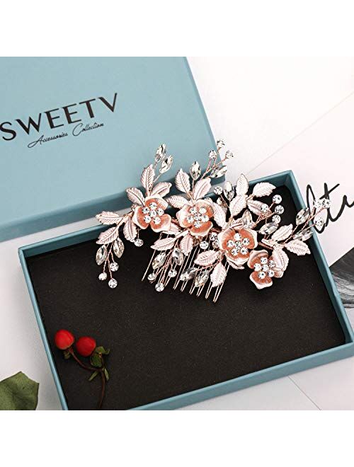 SWEETV Gold Wedding Clip Rhinestone Bridal Comb Barrette - Handmade Flower Clip Head Pieces for Women