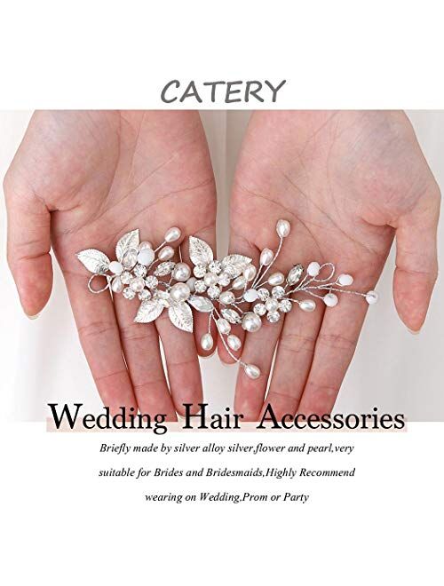 Catery Bride Wedding Headband Silver Crystal Hair Vine Flower Hair Piece Leaf Pearl Hair Jewelry Braid Headpieces Bridal Hair Accessories for Women and Girls