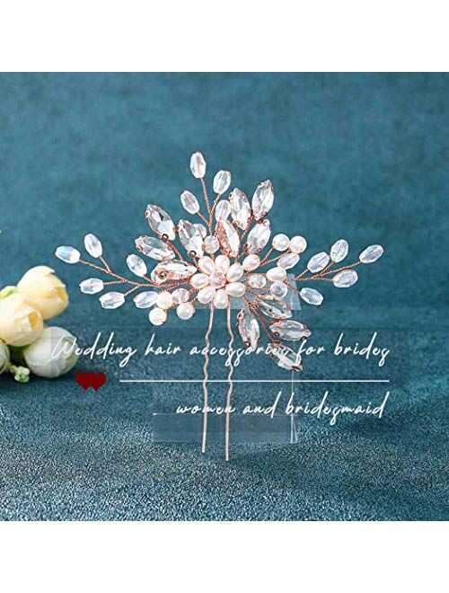 Heread Pearl Bride Wedding Hair Pins Crystal Bridal Head Piece Rhinestones Hair Accessories for Women and Girls