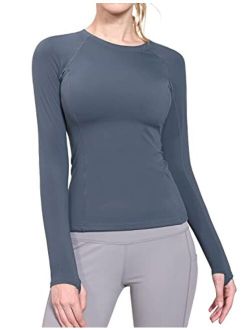 Women's Long Sleeve Workout Shirts Fitted Yoga Tops Running Athletic Underscrub with Thumb Holes
