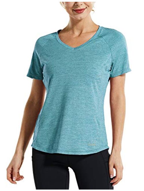 BALEAF Women's V-Neck T Shirts Workout Tops Athletic Short Sleeve Quick Dry Perfomance Activewear