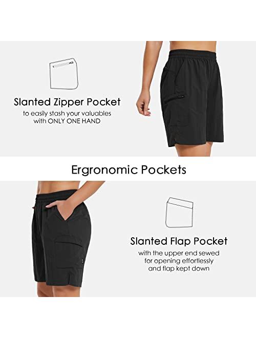 BALEAF Womens 7" Hiking Shorts with Zipper Pockets Summer Quick Dry Nylon Lightweight Baggy Shorts for Thick Thighs
