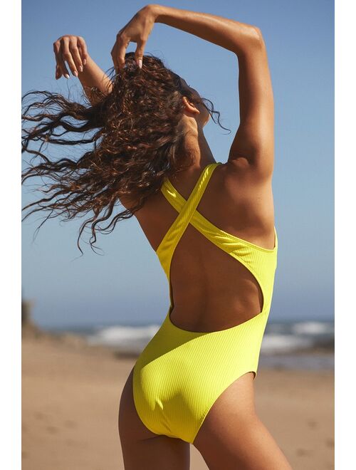 Lulus Sun-sational Lime Yellow Ribbed One-Piece Swimsuit