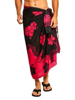 1 World Sarongs Sarong for Men Hibiscus Flower Cover-Up Sarong in Fuchsia and Black