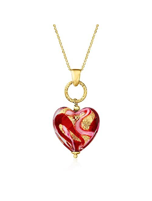 Ross-Simons Italian Red and Pink Murano Glass Heart Pendant Necklace in 18kt Gold Over Sterling. 18 inches
