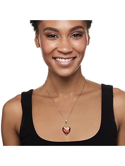 Ross-Simons Italian Red and Pink Murano Glass Heart Pendant Necklace in 18kt Gold Over Sterling. 18 inches