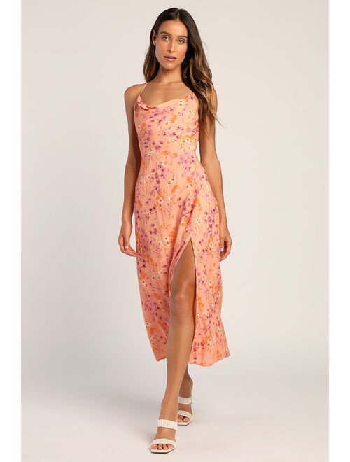 Lulus Loving the Look Coral Floral Print Backless Cowl Maxi Dress