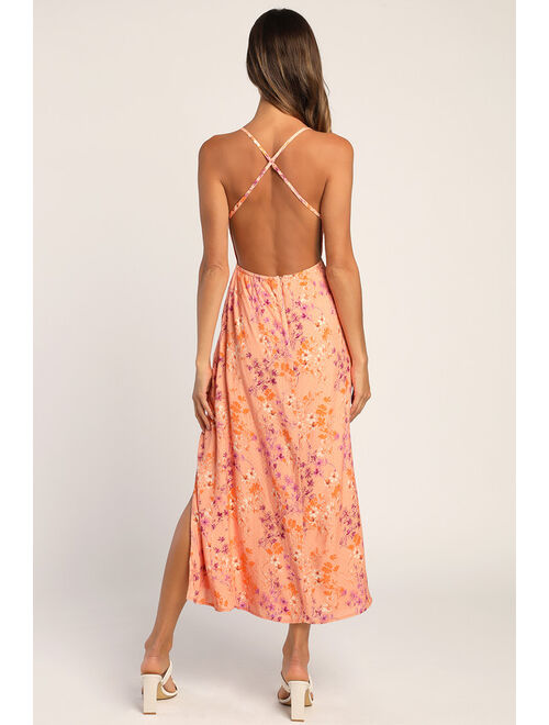 Lulus Loving the Look Coral Floral Print Backless Cowl Maxi Dress
