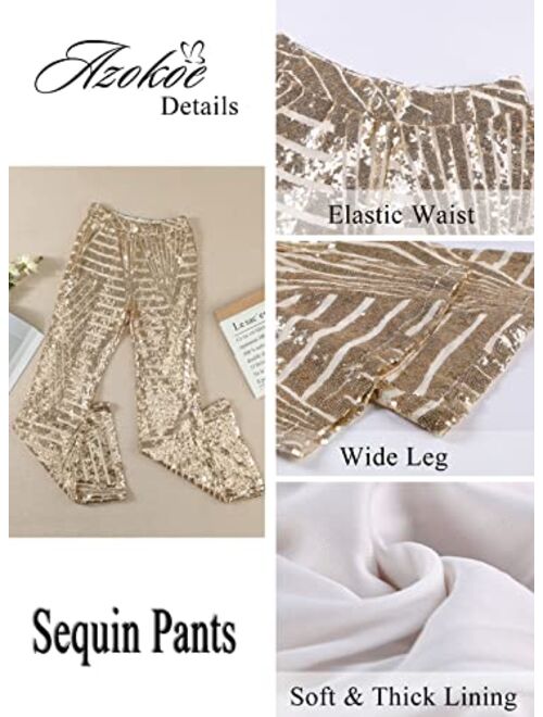 AZOKOE Women High Waist Wide Leg Palazzo Lounge Pants Sequin Bell Bottoms Trousers