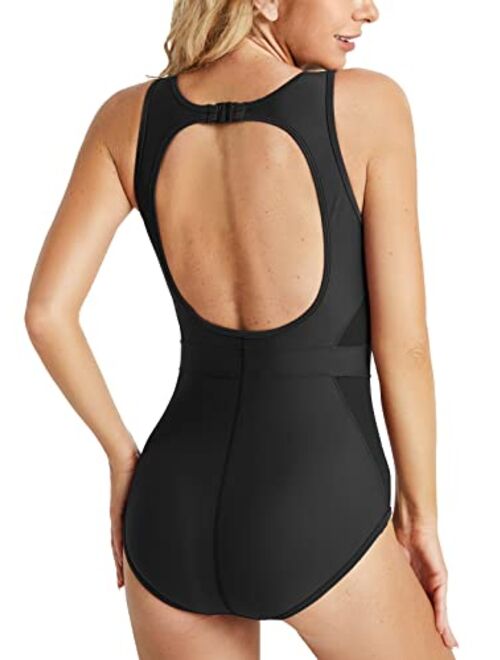 BALEAF Women's Mesh One Piece Swimsuit Modest Bathing Suit Full Coverage High Neck