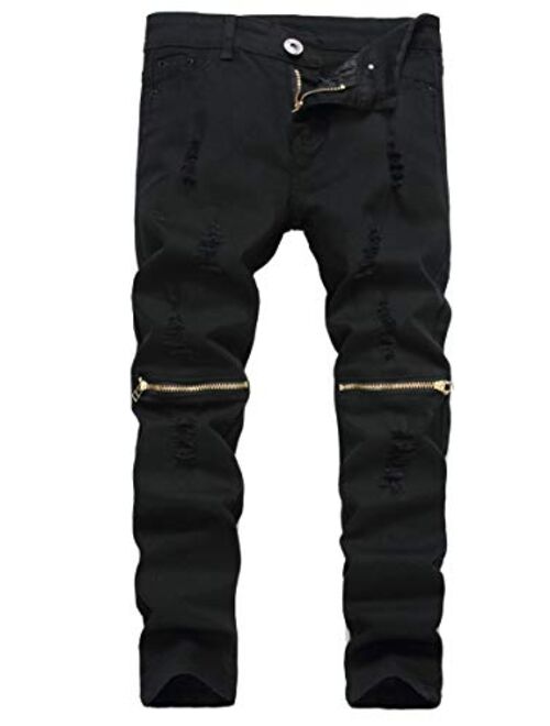 GUNLIRE Boy's Jeans Slim Straight Fit Elastic Waist Stretch Fashion Ripped Pants(5 6 7 8 10 12 14 16)