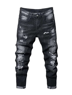 HUNGSON Boy's Slim Fit Skinny Fit Ripped Destroyed Distressed Stretch Slim Jeans