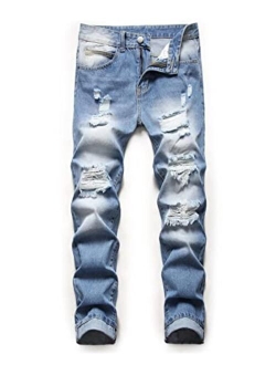 HUNGSON Boy's Slim Fit Skinny Fit Ripped Destroyed Distressed Stretch Slim Jeans