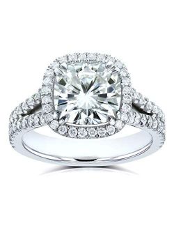 Cushion G-H Moissanite Split Shank Halo Engagement Ring 3 1/3 CTW 14k White Gold