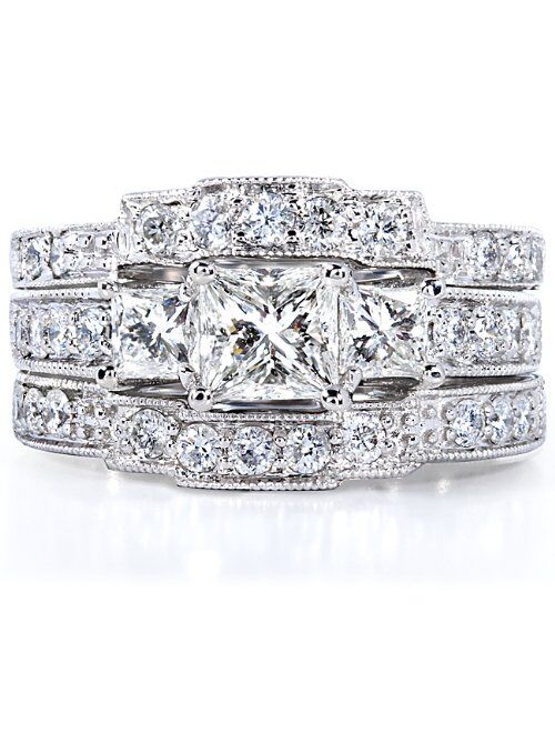 Kobelli Princess Diamond Wedding Ring Set 1 7/8 carats (ctw) in 14K White Gold (3 Piece Set)