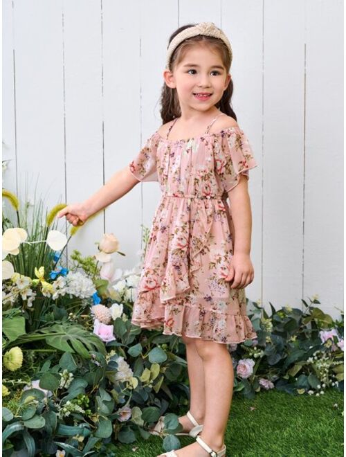 Shein Toddler Girls Floral Print Cold Shoulder Ruffle Trim Wrap Dress