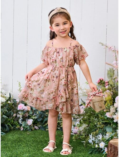 Shein Toddler Girls Floral Print Cold Shoulder Ruffle Trim Wrap Dress