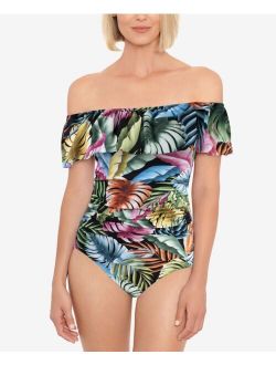Swim Solutions Off-The-Shoulder Tummy-Control One-Piece Swimsuit