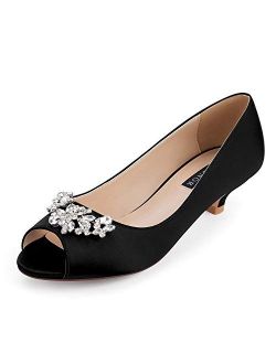 ERIJUNOR Women Comfort Low Kitten Heels Rhinestones Peep Toe Wedding Evening Party Shoes Dress Pumps