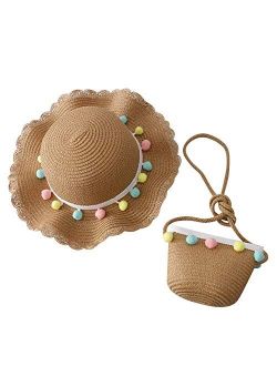 Noubeau Toddler Baby Girls Straw Hat Wide Brim Sun Hat with Shoulder Bag Set Cute Pompom Beach Hat
