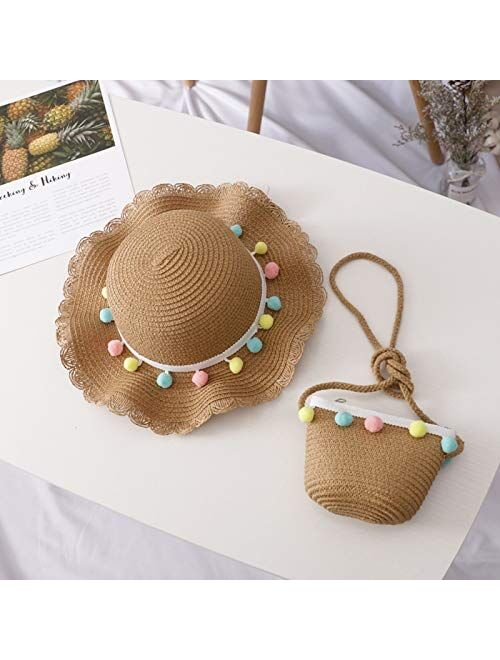 Noubeau Toddler Baby Girls Straw Hat Wide Brim Sun Hat with Shoulder Bag Set Cute Pompom Beach Hat