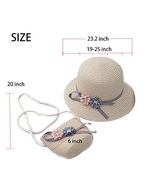 WeeH Girls Summer Hat Bag Set Wide Brim Hat Sun Beach Hats with Shoulder Bag