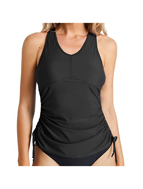 BALEAF Women's Modest Ruched Side Tie Tankini Top Only Sporty Blouson Swimming Tank Tops UPF 50+