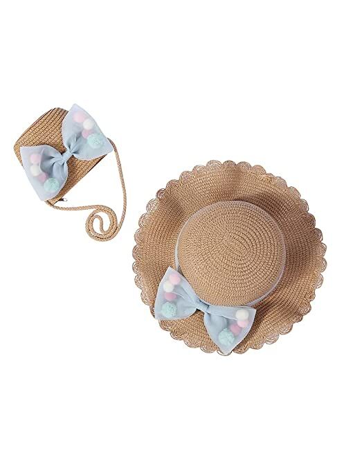 Beeladan Toddler Baby Girls Wide Brim Straw Sun Hat with Shoulder Bag Set Cute Lace Bowknot Flower Beach Cap