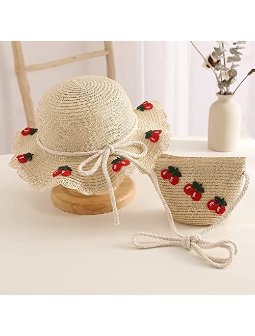 ZFLL Sun hat,Children Straw hat Shoulder Bag Tote Bags Summer 2pcs a Set Cute Floral Sun hat Bucket hat Kidsize flowerA