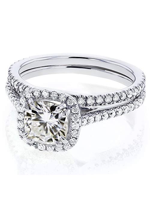 Kobelli Moissanite and Lab Grown Diamond Halo Bridal Rings Set 1 1/2 CTW in 14k White Gold (GH/VS, DEF/VS)