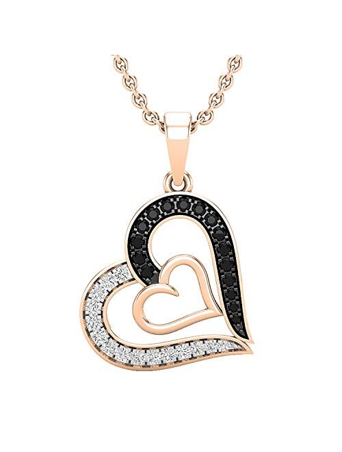 Dazzlingrock Collection 0.30 Carat (ctw) Round Black & White Diamond Ladies Double Heart Pendant 1/3 CT, Available in Metal 10K/14K/18K Gold & 925 Sterling Silver