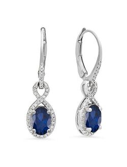 Collection 10K 7X5 MM Each Oval Lab Created Blue Sapphire & Round Diamond Dangling Drop Earrings, White Gold