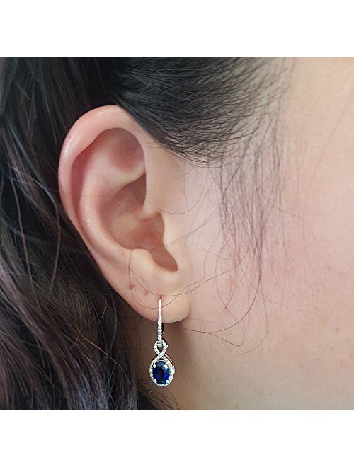 Dazzlingrock Collection 10K 7X5 MM Each Oval Lab Created Blue Sapphire & Round Diamond Dangling Drop Earrings, White Gold