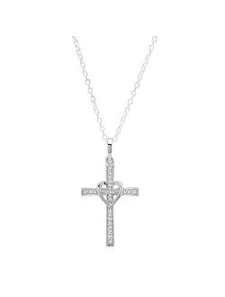 Collection Round White Diamond Heart Shaped Religious Cross Pendant with 18 Inch Silver Chain for Women (0.20 ctw, Color I-J)