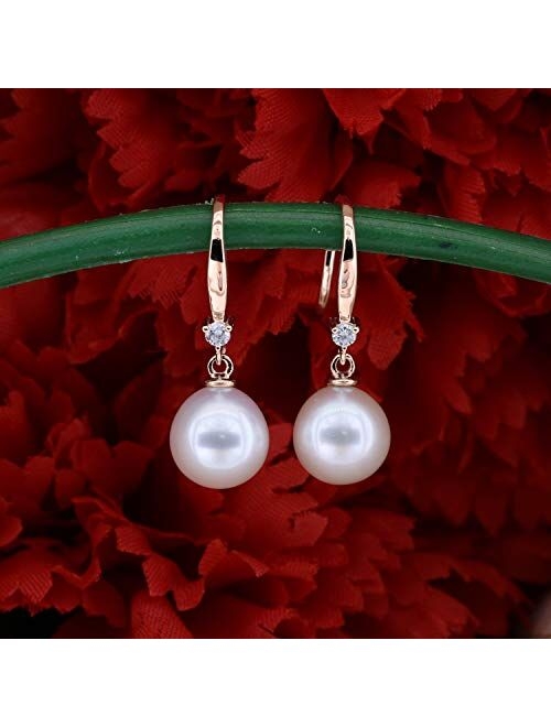 Dazzlingrock Collection 10K Gold 8 MM Each Round White Freshwater Pearls & Diamond Ladies Drop Earrings