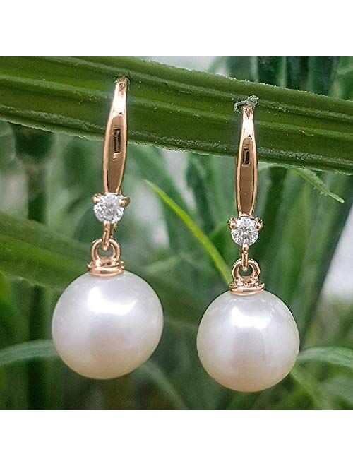 Dazzlingrock Collection 10K Gold 8 MM Each Round White Freshwater Pearls & Diamond Ladies Drop Earrings