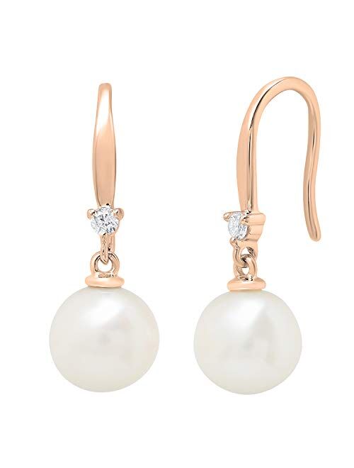 Dazzlingrock Collection 10K Gold 8 MM Each Round White Freshwater Pearls & Diamond Ladies Drop Earrings