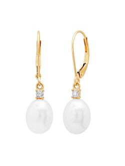Collection Oval Freshwater Pearl & Round White Diamond Ladies Dangling Drop Earrings, 14K Yellow Gold