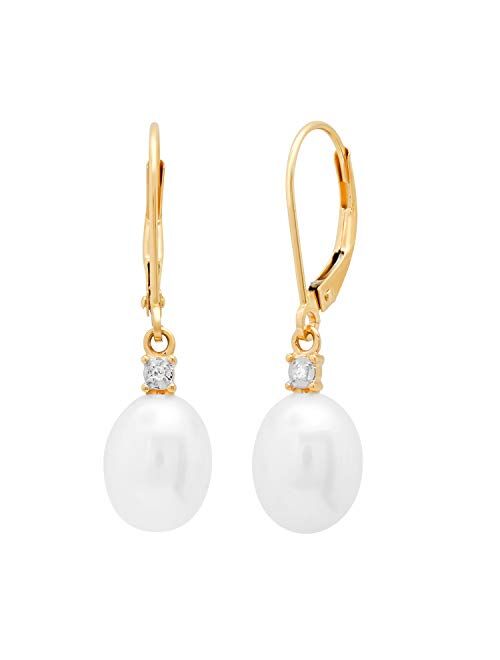 Dazzlingrock Collection Oval Freshwater Pearl & Round White Diamond Ladies Dangling Drop Earrings, 14K Yellow Gold