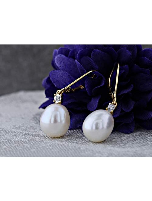Dazzlingrock Collection Oval Freshwater Pearl & Round White Diamond Ladies Dangling Drop Earrings, 14K Yellow Gold