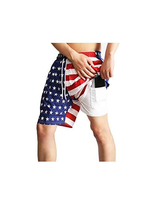 Tnhu American Flag Men's Swim Trunks with Compression Liner Patriotic Stretch Beach Board Shorts Drawstring Swimsuit