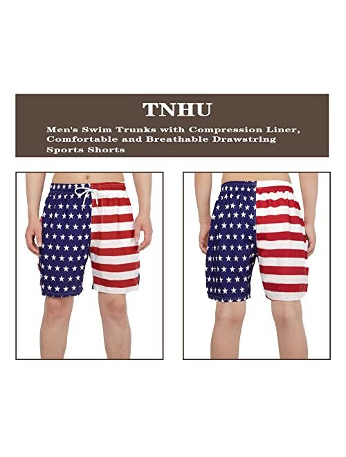 Tnhu American Flag Men's Swim Trunks with Compression Liner Patriotic Stretch Beach Board Shorts Drawstring Swimsuit