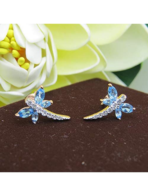 Dazzlingrock Collection Marquise Blue Topaz & Round White Topaz Dragonfly Stud Earrings, Available in Metal 10K/14K/18K Gold & 925 Sterling Silver