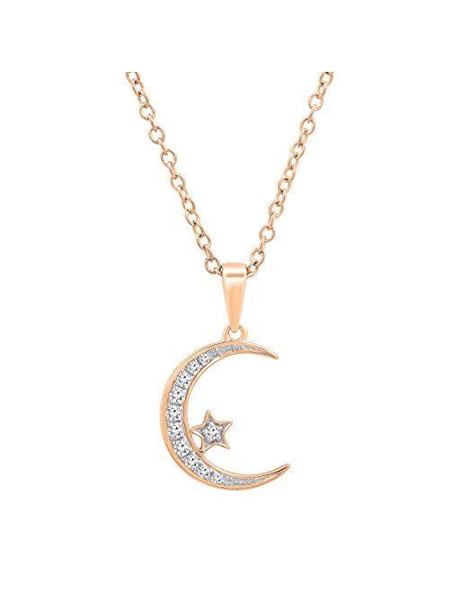 Dazzlingrock Collection 0.15 Carat (ctw) Round White Diamond Ladies Half-Moon & Star Pendant, Available in Metal 10K/14K/18K Gold & 925 Sterling Silver