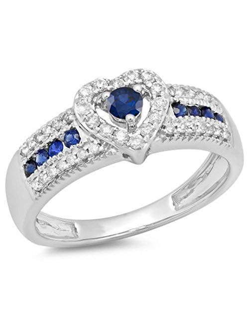 Dazzlingrock Collection 10K Gold Round Cut Blue Sapphire & White Diamond Ladies Bridal Heart Shaped Promise Engagement Ring