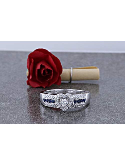 Dazzlingrock Collection 10K Gold Round Cut Blue Sapphire & White Diamond Ladies Bridal Heart Shaped Promise Engagement Ring